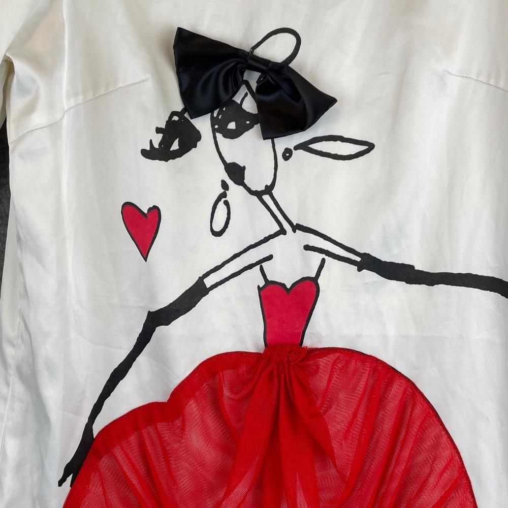 Artistic Silk Blend Graphic Mini Dress White Red Puff Sleeve Square Neck Small - Picture 7 of 7